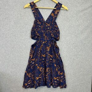 Anthropologie Mini Dress Blue Orange Botanical Animal Print Side Cut-Out Size M